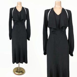 VINTAGE 20s 30's Art-Deco Black and Silver Crepe Dress with Bishop Sleeves VFG